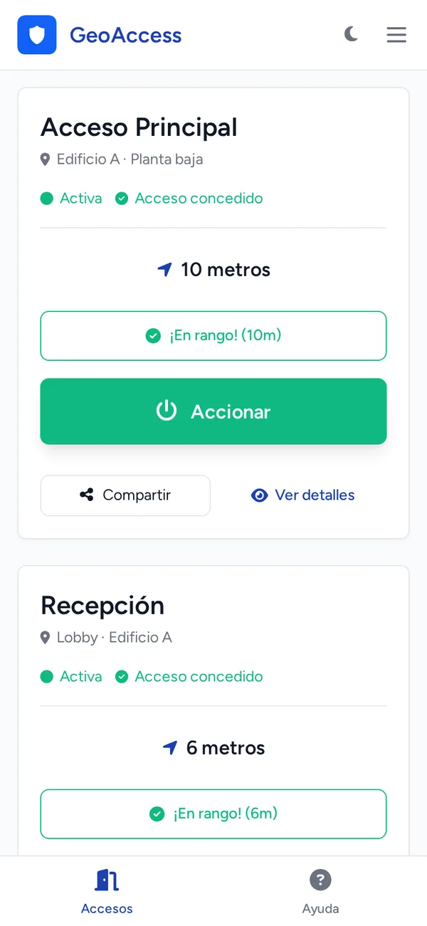 Captura real de GeoAccess en un teléfono: accesos desde el celular