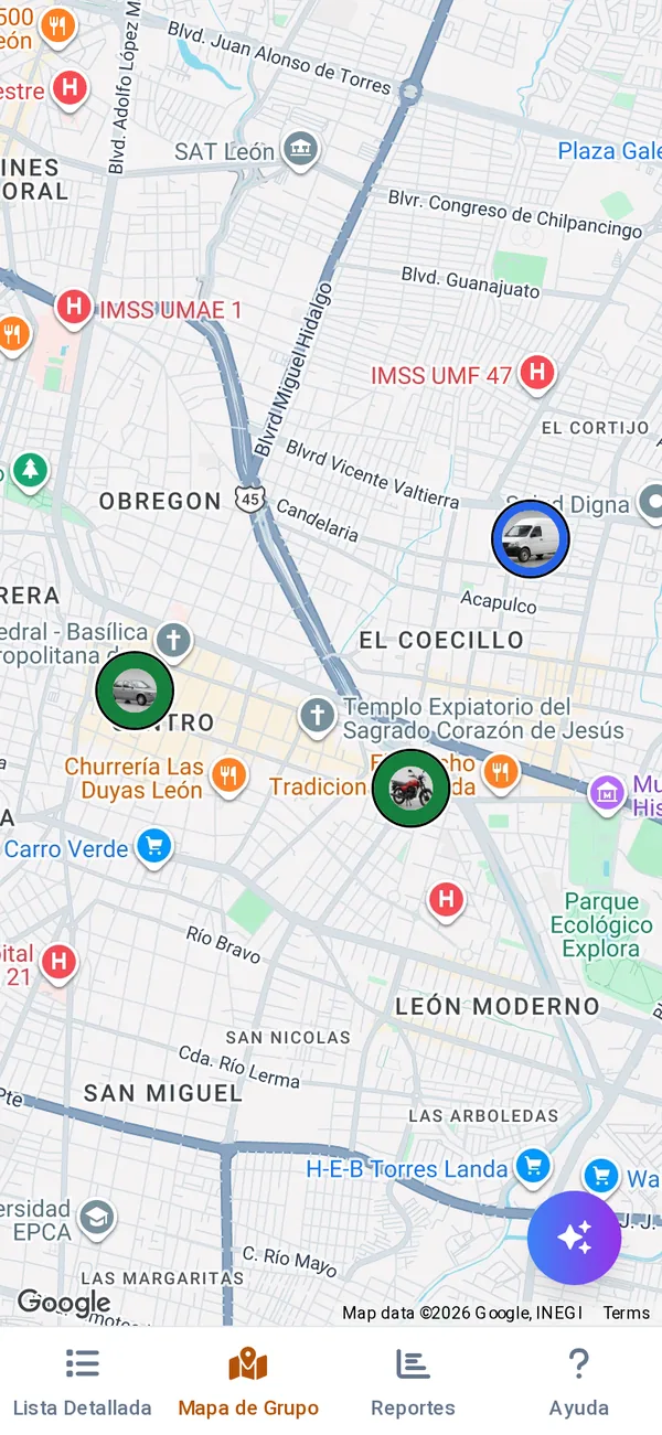 Captura real de SkyNet GPS: mapa con la flota en tiempo real